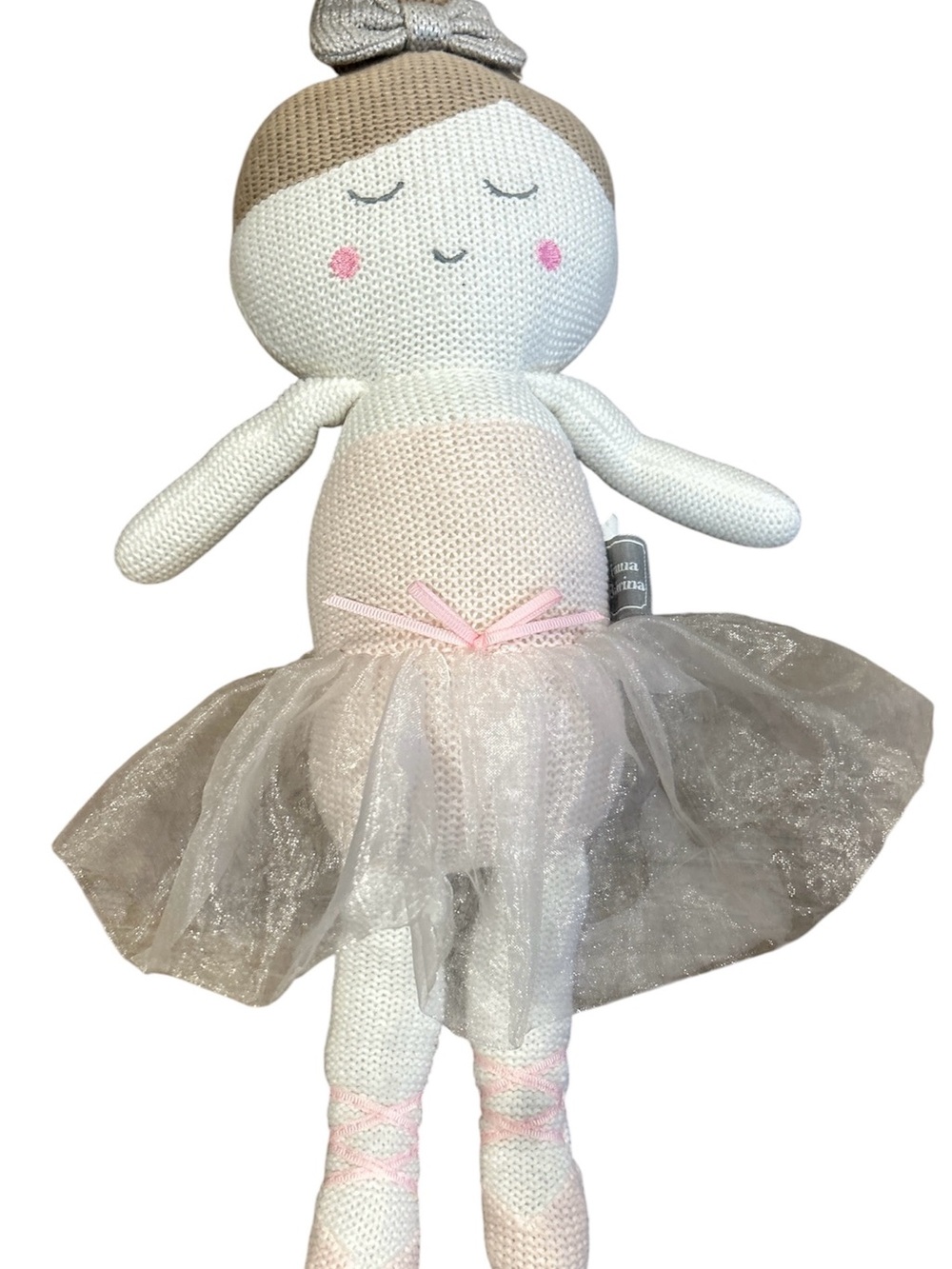 Living Textiles Emma Ballerina Knit Plush Doll Rattle 18” Pink Silver Bow